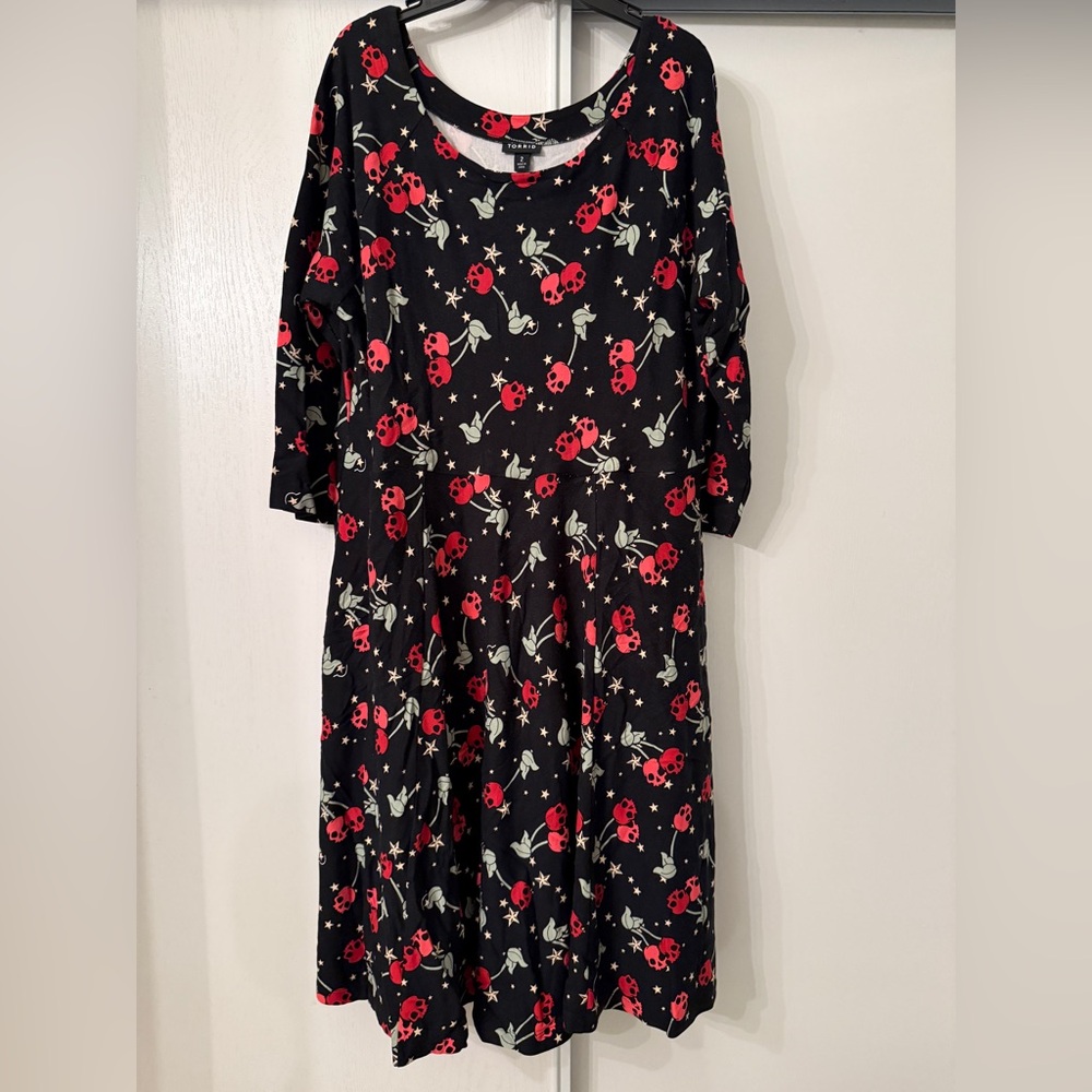 Torrid Black Dress with Red and Pink Skull Cherry Design